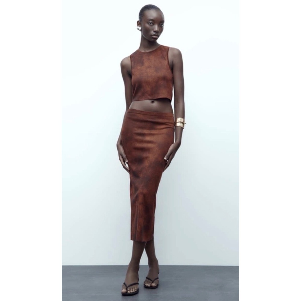 Zara Womens Rust Brown Acid Wash Knit Midi Skirt High Waist Small